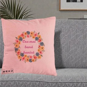 Cadou pentru Bunica - Perna Personalizata Cea Mai Buna Bunica Coronita Flori Multicolore, 40x40 cm, Roz, Husa Detasabila, Perna Inclusa, BEKZ®