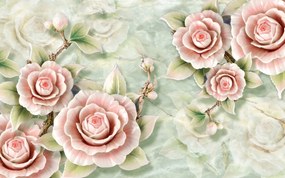 Tapet Premium Canvas - Flori roz cu fundal verde
