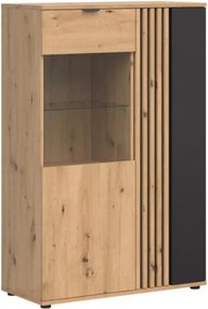 Vitrina VABRES, stejar artisan/negru mat, PAL laminat/sticla, 91x40x13