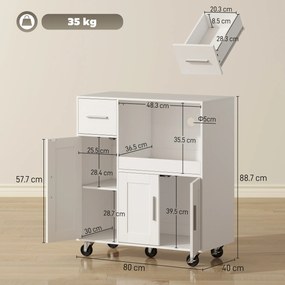 HOMCOM Dulap pentru cuptorul cu microunde din lemn, cu sertar, 2 dulapuri, raft deschis și blat ajustabil, 80x40x88.7 cm, alb | Aosom Romania
