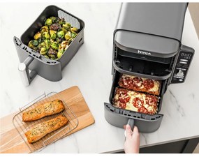 Friteuza cu aer cald Ninja Double Stack XL, 2470 W, capacitate 9.5 litri, interval temperatura 40 - 240 °C, doua zone de gatit, 6 programe, gri