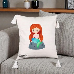 Perna Personalizata Sirena Kawaii Roscat, 40x40 cm, Bej cu Franjuri, Husa Detasabila, Perna Inclusa, BEKZ®