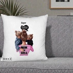 Cadou pentru Mama - Perna Personalizata Super Mama Mom of Girls, 40x40 cm, Alb Pufos, Husa Detasabila, Perna Inclusa, BEKZ®