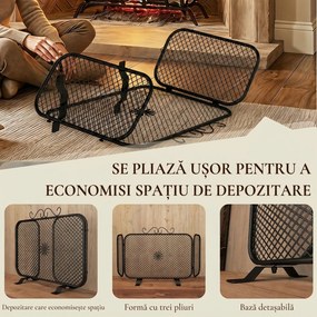 HOMCOM Parascântei Șemineu Pliabil 3 Panouri Metal, Bază Detașabilă, Model Floral, 90x16x40cm, Negru | Aosom Romania