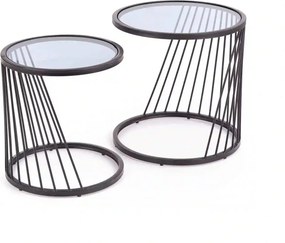Set 2 masute cafea ANTILLA, transparent/negru, sticla/otel