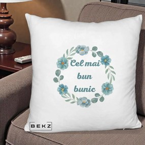 Cadou pentru Bunic - Perna Personalizata Cel Mai Bun Bunic Coronita Flori Albastre Teal, 40x40 cm, Alb Pufos, Husa Detasabila, Perna Inclusa, BEKZ®