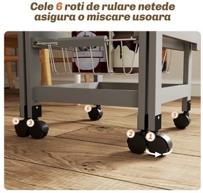 HOMCOM Cărucior de Bucătărie din Lemn și Metal cu 3 Coșuri, Sertar și Clapete, 37x37x77.5 cm, Gri | Aosom Romania