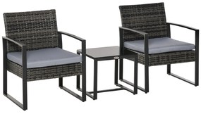 Set de mobilier de grădină Outsunny din ratan pentru 2 persoane, Set de mobilier de balcon din poliratan, Set de mobilier de balcon cu pernuțe, Grădină Gri | Aosom Romania