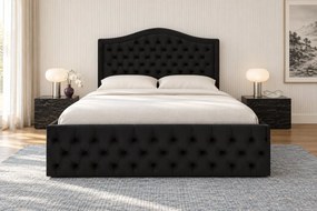 Pat tapițat din catifea Solaria 180×200 cm, negru, cu ladă de depozitare