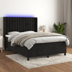 3139801 vidaXL Pat cu arcuri, saltea și LED, negru, 140x190 cm, catifea