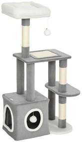 PawHut Ansamblu de joacă zgârietoare pentru pisici cu căsuță, pat și 2 mingi, din lemn și pluș, 55x40x107 cm, gri și alb | Aosom Romania
