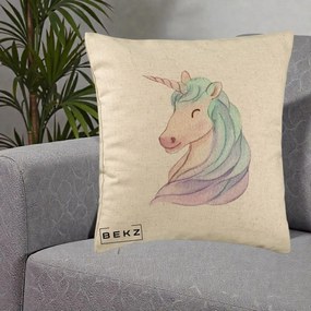 Perna Decorativa Unicorn Acuarela Pastel, 40x40 cm, Bej, Husa Detasabila, Perna Inclusa, BEKZ®
