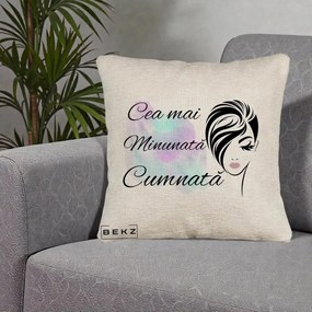 Cadou pentru Cumnata - Perna Personalizata Cea mai Minunata Cumnata cu Silueta Dama si Pete Multicolor, 40x40 cm, Bej Canapea, Husa Detasabila, Perna Inclusa, BEKZ®