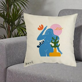 Perna Decorativa Femeie Albastra Cactus, 40x40 cm, Ecru, Husa Detasabila, Perna Inclusa, BEKZ®