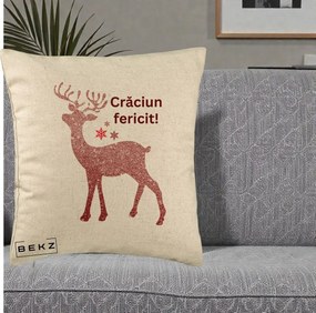 Perna Decorativa Ren Sclipitor Glitter Craciun Fericit, 40x40 cm, Bej, Husa Detasabila, Perna Inclusa, BEKZ®
