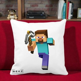 Perna Personalizata Minecraft Steve, 40x40 cm, Alba Mata, Husa Detasabila, Perna Inclusa, BEKZ®