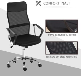 Scaun ergonomic de birou, insertie plasa, negru HOMCOM | Aosom Romania