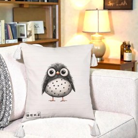 Perna Decorativa Bufnita Neagra cu Buline Albe, 40x40 cm, Bej cu Franjuri, Husa Detasabila, Perna Inclusa, BEKZ®