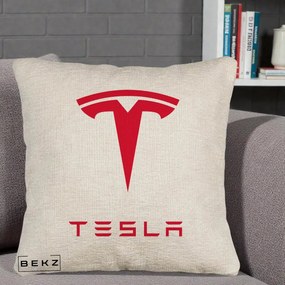 Perna Personalizata cu emblema Tesla, 40x40 cm, Bej Canapea, Husa Detasabila, Perna Inclusa, BEKZ®