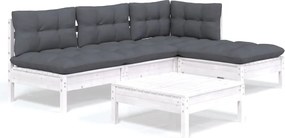 vidaXL Set mobilier grădină cu perne, 5 piese, alb, lemn de pin