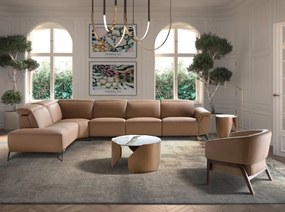 Coltar modular LUX design italian cu sezlong stanga Piele Naturala, Brown