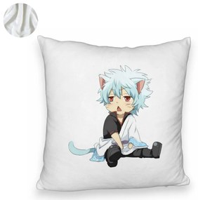 Perna Decorativa Fluffy cu Gintama Gin Cat, 40x40 cm, Alba, Husa Detasabila, Burduf