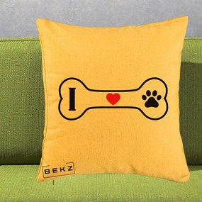 Perna Personalizata I Love Dog Os si Labuta, 40x40 cm, Galben, Husa Detasabila, Perna Inclusa, BEKZ®