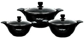 Set 3 Cratite Cheffinger cu Capac Acoperire cu Marmura Antiaderenta Negru