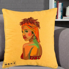 Perna Decorativa Portret Femeie Colorat Pop Art, 40x40 cm, Galben, Husa Detasabila, Perna Inclusa, BEKZ®