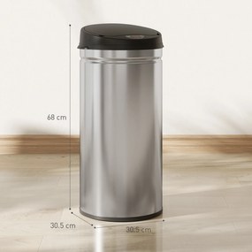 Coș de gunoi HOMCOM de 42L cu Senzor de Mișcare și Deschidere Automată, din Oțel Inoxidabil și ABS, 30.5x30.5x68 cm, Negru și Argintiu | Aosom Romania