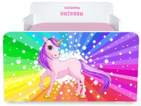Pat copii Rainbow Unicorn 2-12 ani cu sertar, saltea si husa impermeabila