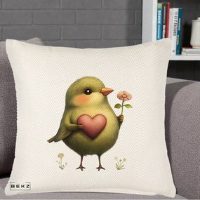 Perna Decorativa Pasare Verde cu Inima si Floare, 40x40 cm, Crem Reliefat, Husa Detasabila, Perna Inclusa, BEKZ®