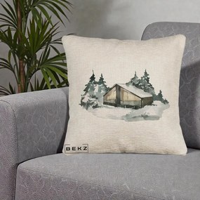 Perna Decorativa Cabana de Iarna in Padure, 40x40 cm, Bej Canapea, Husa Detasabila, Perna Inclusa, BEKZ®