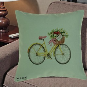 Perna Decorativa Bicicleta Galbena cu Cos de Flori Primavara, 40x40 cm, Verde, Husa Detasabila, Perna Inclusa, BEKZ®