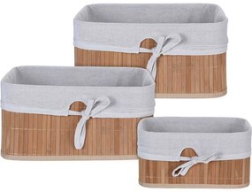 Set 3 cutii depozitare bambus, interior textil, baza MDF, inel metalic pe partea superioara, natur/alb, 24x14x12 cm/ 29x19x14 cm/ 34x24x16 cm