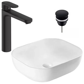 Pachet lavoar Rea Belinda alb si baterie lavoar Hansgrohe Vernis Blend negru si ventil lavoar Click-Clack D negru