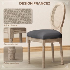 HOMCOM Set 2 Scaune de Dining Vintage, Material cu Efect de In, Spătar din Ratan Perforat, Picioare din Lemn, Gri | Aosom Romania