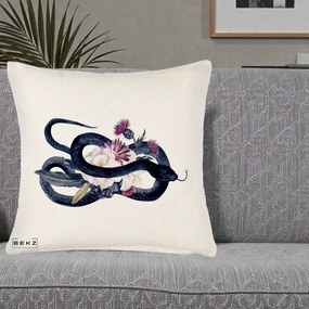Perna Decorativa Sarpe Negru cu Flori Gothic, 40x40 cm, Crem Reliefat, Husa Detasabila, Perna Inclusa, BEKZ®