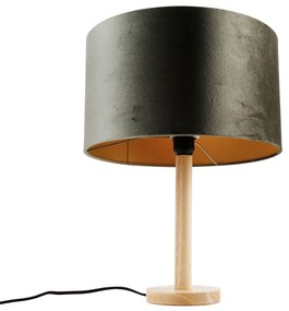 Lampă de masă din lemn cu abajur de catifea verde 35cm - Mels