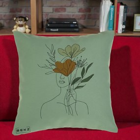 Perna Decorativa Portret Feminin Coroana Florala, 40x40 cm, Verde, Husa Detasabila, Perna Inclusa, BEKZ®