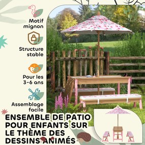 AIYAPLAY Masă de picnic pentru copii cu bănci, perne, umbrelă pliabilă, cutii de depozitare detașabile, model flamingo, roz | Aosom Romania