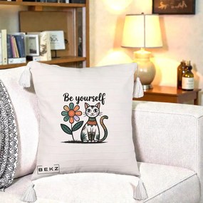 Perna Personalizata Be Yourself Pisica Folk, 40x40 cm, Bej cu Franjuri, Husa Detasabila, Perna Inclusa, BEKZ®