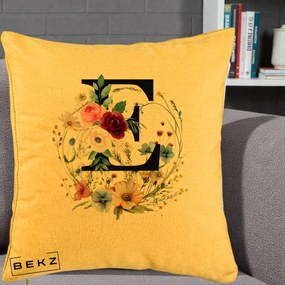 Cadou Personalizat - Perna Personalizata Monogram Litera E cu Flori Acuarela, 40x40 cm, Galben, Husa Detasabila, Perna Inclusa, BEKZ®