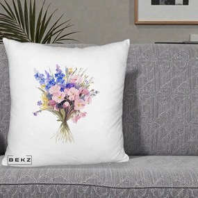 Perna Decorativa Buchet Floral Acuarela Primavara, 40x40 cm, Alb Pufos, Husa Detasabila, Perna Inclusa, BEKZ®