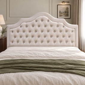 Pat tapițat Chesterfield din catifea Imperio Deluxe 180×200 cm, crem, cu ladă de depozitare