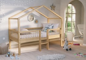Pat Casă Înălțat Forrest Oak 90x200 cm, pentru Camera Copii, din Lemn de Stejar, Natur, cu Scară și Set Textil – Vipack