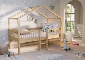 Pat Casă Înălțat Forrest Oak 90x200 cm, pentru Camera Copii, din Lemn de Stejar, Natur, cu Scară și Set Textil – Vipack