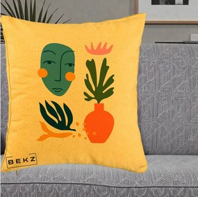 Perna Decorativa Masca Botanica Abstracta, 40x40 cm, Galben, Husa Detasabila, Perna Inclusa, BEKZ®