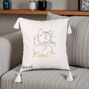 Perna Personalizata Pisica Meow Arta Linie Colorata, 40x40 cm, Bej cu Franjuri, Husa Detasabila, Perna Inclusa, BEKZ®