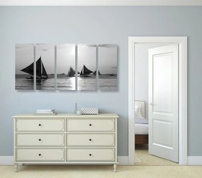 Tablou 5-piese apus de soare frumos la mare în design alb-negru